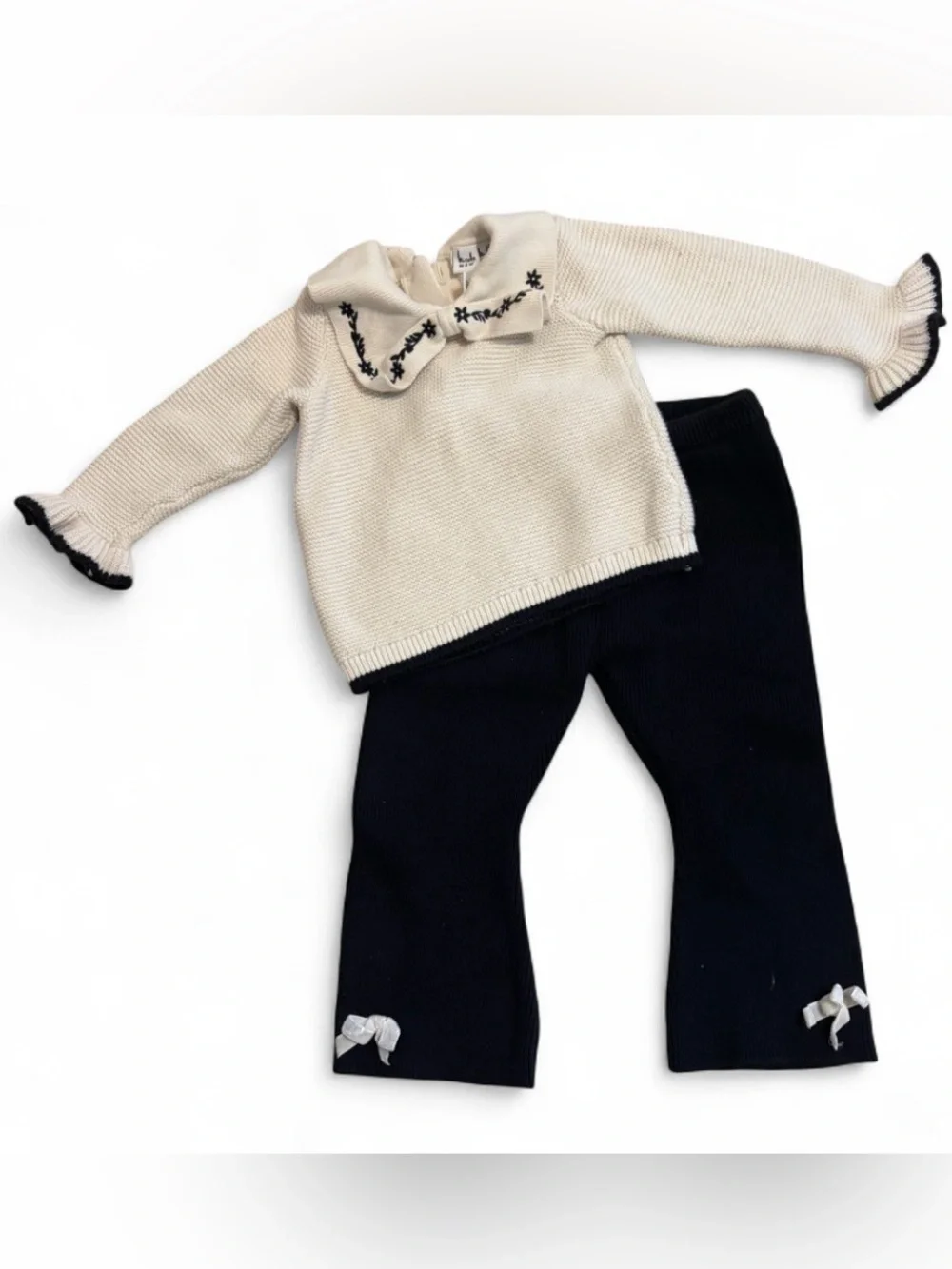 Nicole Miller Cream Sweater Top with Black Knit Pants Set